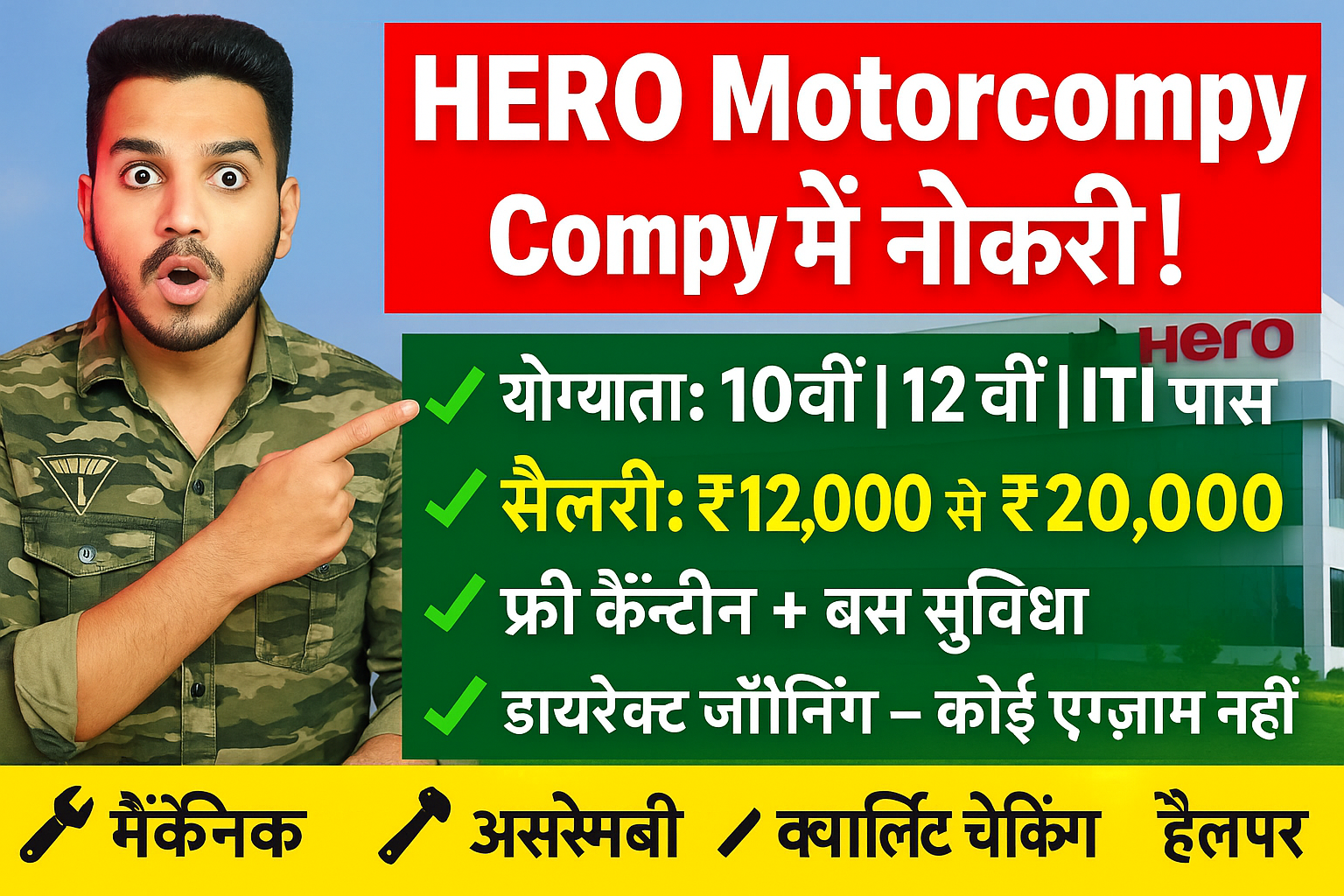 ITI Job Vacancy 2025 : Hero Company में 10वीं, 12वीं पास के लिए नौकरी | Salary ₹20,000 तक + फ्री कैंटीन और बस सुविधा